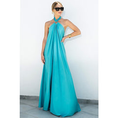 Women's Satin Dress Maxi long Dress Green Blue Orange Sleeveless Pure Color Backless Summer Halter Neck Stylish Elegant Casual Loose S M L XL