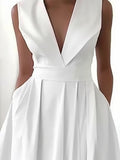 Women's Party Dress Swing Dress White Dress Midi Dress White Sleeveless Pure Color Ruched Summer Spring V Neck Fashion Birthday Wedding Guest Vacation Loose Fit S M L XL 2XL 3XL