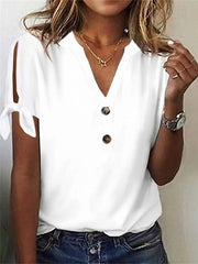 Women's T shirt Tee White Pink Blue Plain Button Cut Out Short Sleeve Daily Weekend Basic V Neck Regular S