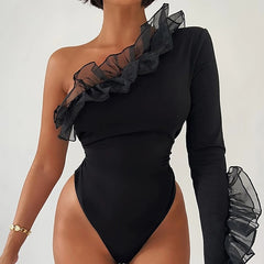 Goth Girl Sexy Y2K Year 2000 Bodysuit Women's Ruffle Japanese Cosplay Costumes Black