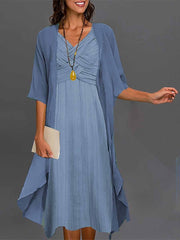 Women's Two Piece Dress Set Casual Dress Chiffon Dress Daily Vacation Fashion Elegant Twist Knot Front Midi Dress V Neck 3/4 Length Sleeve Plain Regular Fit Blue Green Summer Spring S M L XL XXL