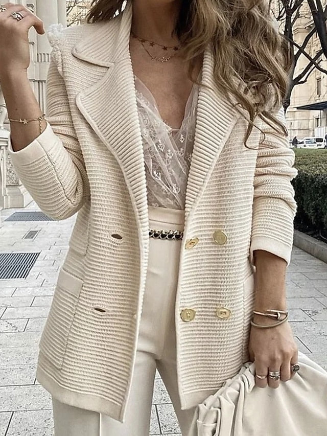 Women's Blazer Comfortable Formal Office / Career Daily Button Double Breasted Turndown Office / career Solid Color Regular Fit Outerwear Long Sleeve Winter Fall Beige S M L XL XXL 3XL