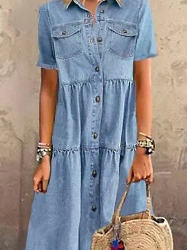 Women's Denim Shirt Dress Maxi long Dress Dark Blue Light Blue Short Sleeve Solid Color Pocket Button Spring Summer Shirt Collar Hot Casual Vintage  S M L XL XXL 3XL / Loose