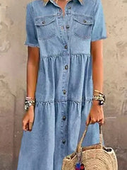 Women's Denim Shirt Dress Maxi long Dress Dark Blue Light Blue Short Sleeve Solid Color Pocket Button Spring Summer Shirt Collar Hot Casual Vintage  S M L XL XXL 3XL / Loose