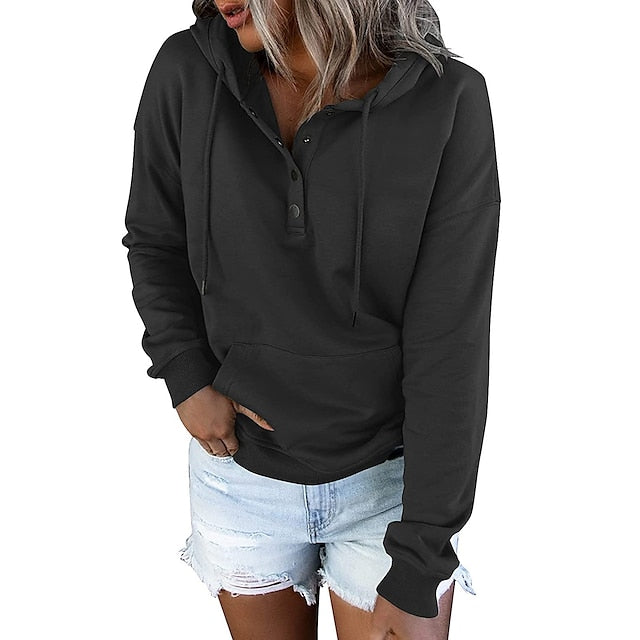 Women's Hoodie Button Pocket Solid Colored Basic Hooded Standard Winter Wine Red Green Black Blue Pink