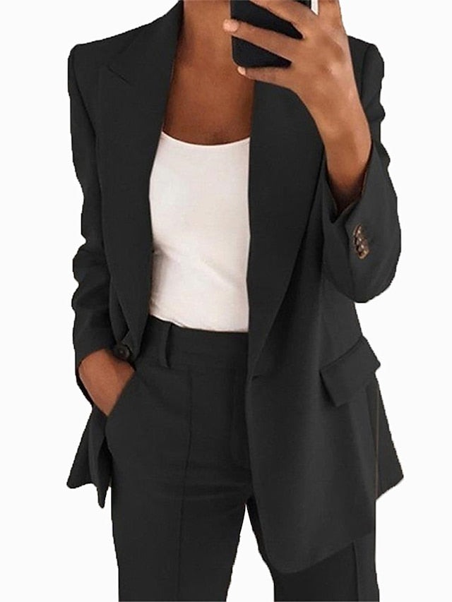 Women's Blazer Work Solid Color Professional Regular Fit Outerwear Long Sleeve Fall Black S