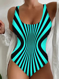 Women's Swimwear One Piece Normal Swimsuit Printing Striped White Pink Blue Orange Bodysuit Bathing Suits Sports Beach Wear Summer
