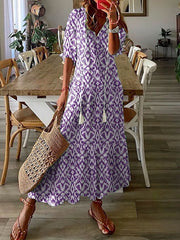 Women‘s A Line Dress Maxi long Dress Purple Half Sleeve Print Ruched Print Spring Summer V Neck Casual Vacation 3XL