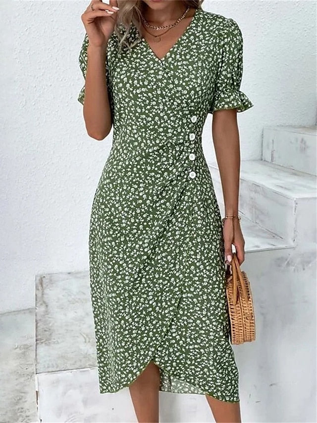 Women's Casual Dress Wrap Dress Floral Dress Floral Button Print V Neck Midi Dress Fashion Classic Daily Holiday Short Sleeve Regular Fit Black Dark Red Yellow Summer Spring S M L XL XXL