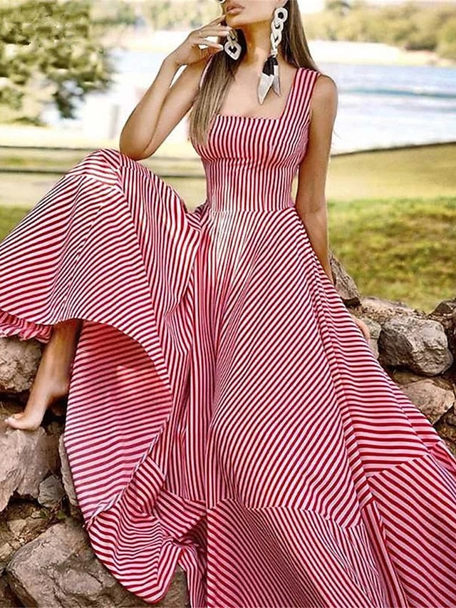 Women's Long Dress Maxi Dress Casual Dress Swing Dress A Line Dress Striped Basic Fashion Holiday Vacation Going out Ruffle Print Sleeveless Square Neck Dress Regular Fit Black Red Blue Spring Summer