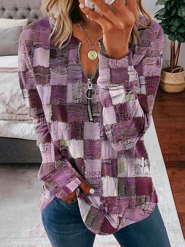 Women's Sweatshirt Pullover Denim Printe Active Streetwear Zipper Pink Blue Purple Geometric Street V Neck Long Sleeve