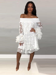 Women's Party Dress Lace Dress Cocktail Dress Knee Length Dress White Long Sleeve Polka Dot Mesh Summer Spring Fall Off Shoulder Hot Party Winter Dress Birthday Loose Fit S M L XL XXL 3XL