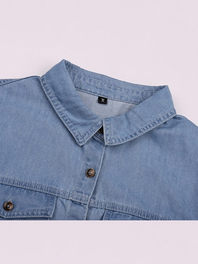 Women's Denim Shirt Dress Maxi long Dress Dark Blue Light Blue Short Sleeve Solid Color Pocket Button Spring Summer Shirt Collar Hot Casual Vintage  S M L XL XXL 3XL / Loose