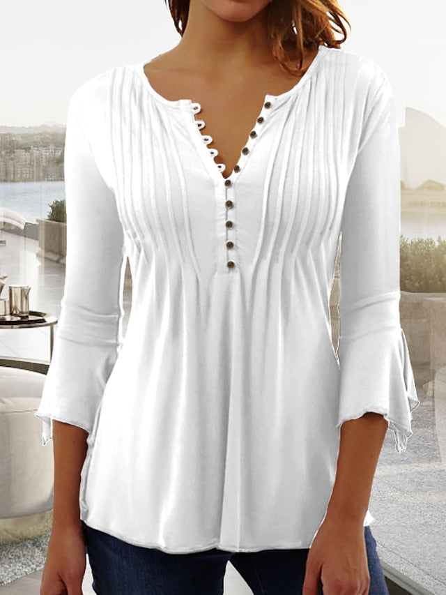 Women's Shirt Blouse Tunic Black White Wine Plain Button Flowing tunic 3/4 Length Sleeve Casual Basic V Neck Long S