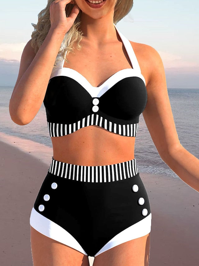 Women's Swimwear Bikini Normal Swimsuit 2 Piece Printing Striped Black Bathing Suits Sports Beach Wear Summer