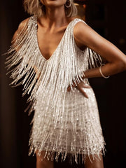 Women‘s Party Dress Fringe Dress Short Mini Dress White Gold Sleeveless Pure Color Tassel Fringe Spring Summer Spaghetti Strap Party Sexy Gatsby Party S M L XL XXL / Winter