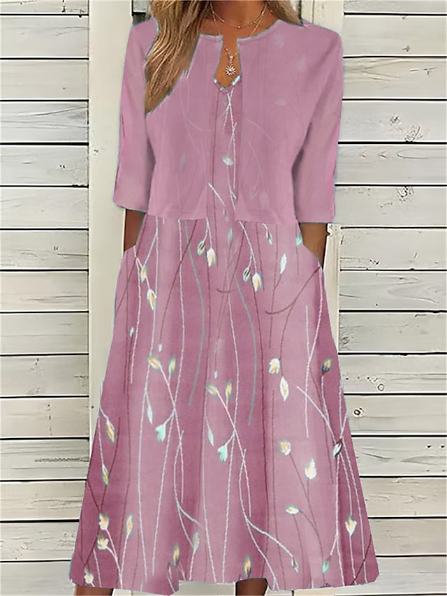 Women's Two Piece Dress Set Casual Dress Print Dress Outdoor Daily Fashion Elegant Pocket Print Midi Dress Crew Neck Half Sleeve Floral Regular Fit Pink Blue Green Summer Spring S M L XL XXL