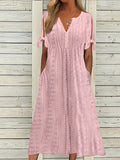 Women's Casual Dress Summer Dress Pleated Dress Plain Lace Ruched V Neck Midi Dress Fashion Elegant Outdoor Daily Short Sleeve Loose Fit White Pink Blue Summer Spring S M L XL XXL