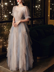 A-Line Prom Dresses Color Block Dress Wedding Party Floor Length Half Sleeve Scoop Neck Tulle with Pleats Ruffles