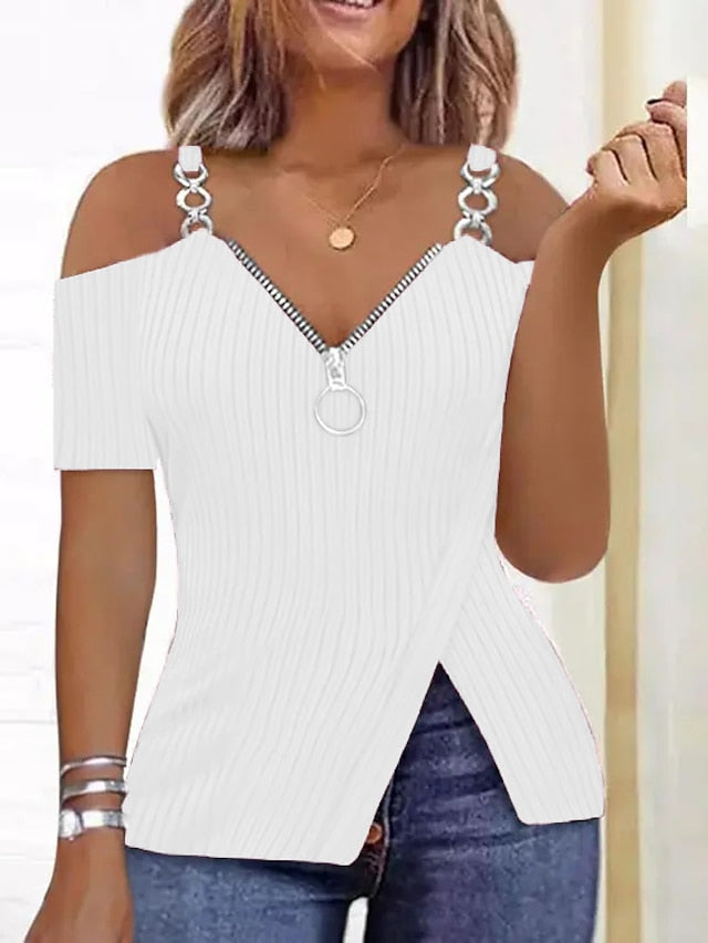 Women's Shirt Blouse Black White Pink Plain Quarter Zip Short Sleeve Casual Basic V Neck Regular S