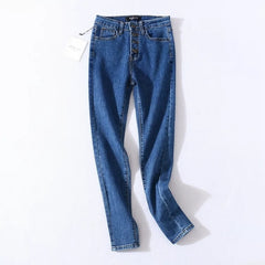 Vintage Skinny Four Buttons High Waist Pencil Jeans Women Slim Fit Stretch Denim Pants Full Length Denim Tight Trousers