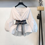 Lantern Sleeve Blouse Shirt Women Fashion Korean Style Summer Bow V-neck Striped Shirt Elegant Ladies Tops Female Clothing