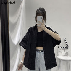 Blouses Shirts Three Quarter Sleeve Women Summer Solid Ulzzang Black Outwear Tops All-match Ins Retro Womens Fashion Students