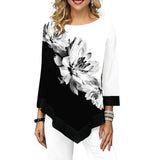 Women Blouse Shirt Asymmetric Hem Autumn Floral Printed Blouse Female Flower Print Tops O Neck Blusas Fashion Lady Camisa