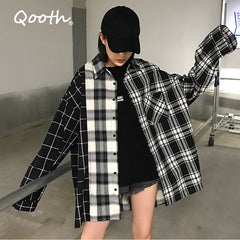 Qooth Women's Loose Plaid Blouse Spring Long Sleeve Student Check Blouses Casual Vintage Lady Tops Shirt Black Tops QH2220