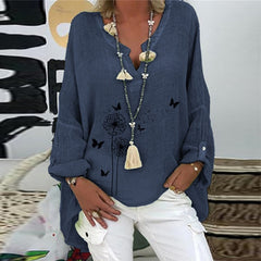 Elegant V-Neck Linen Cotton Women Blouse Shirts Autumn Floral Print Plus Size Tops Female Vintage Casual Long Sleeves Blusa