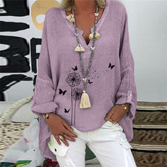 Elegant V-Neck Linen Cotton Women Blouse Shirts Autumn Floral Print Plus Size Tops Female Vintage Casual Long Sleeves Blusa