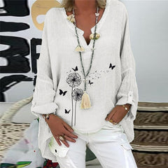 Elegant V-Neck Linen Cotton Women Blouse Shirts Autumn Floral Print Plus Size Tops Female Vintage Casual Long Sleeves Blusa