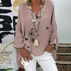 Elegant V-Neck Linen Cotton Women Blouse Shirts Autumn Floral Print Plus Size Tops Female Vintage Casual Long Sleeves Blusa