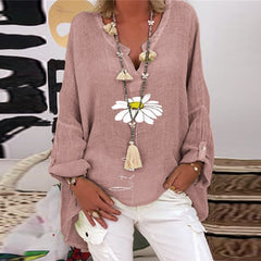 Elegant V-Neck Linen Cotton Women Blouse Shirts Autumn Floral Print Plus Size Tops Female Vintage Casual Long Sleeves Blusa
