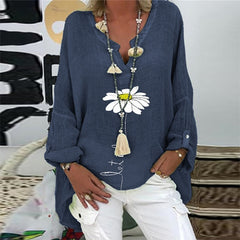 Elegant V-Neck Linen Cotton Women Blouse Shirts Autumn Floral Print Plus Size Tops Female Vintage Casual Long Sleeves Blusa