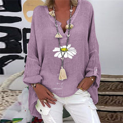 Elegant V-Neck Linen Cotton Women Blouse Shirts Autumn Floral Print Plus Size Tops Female Vintage Casual Long Sleeves Blusa