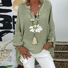 Elegant V-Neck Linen Cotton Women Blouse Shirts Autumn Floral Print Plus Size Tops Female Vintage Casual Long Sleeves Blusa