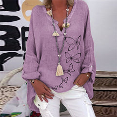 Elegant V-Neck Linen Cotton Women Blouse Shirts Autumn Floral Print Plus Size Tops Female Vintage Casual Long Sleeves Blusa