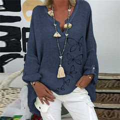 Elegant V-Neck Linen Cotton Women Blouse Shirts Autumn Floral Print Plus Size Tops Female Vintage Casual Long Sleeves Blusa