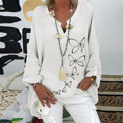Elegant V-Neck Linen Cotton Women Blouse Shirts Autumn Floral Print Plus Size Tops Female Vintage Casual Long Sleeves Blusa