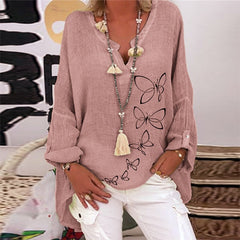 Elegant V-Neck Linen Cotton Women Blouse Shirts Autumn Floral Print Plus Size Tops Female Vintage Casual Long Sleeves Blusa