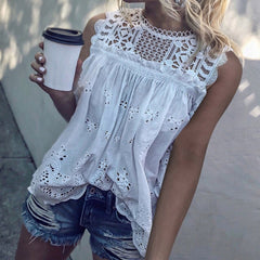 mid size graduation outfit romantic style teen swag clean girl ideas 90s latina aestheticWhite Lace Hollow Out Cotton Women's Blouses Sleeveless O Neck Sexy Female Blouse Tops Loose Solid Hollow Out Shirts Blusa 5XL