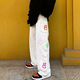 Retro Pocket Letter Print Straight Cargo Pants Men and Women Oversize Jeans Trousers Harajuku Streetwear Casual Denim Pants