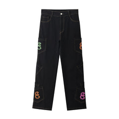 Retro Pocket Letter Print Straight Cargo Pants Men and Women Oversize Jeans Trousers Harajuku Streetwear Casual Denim Pants