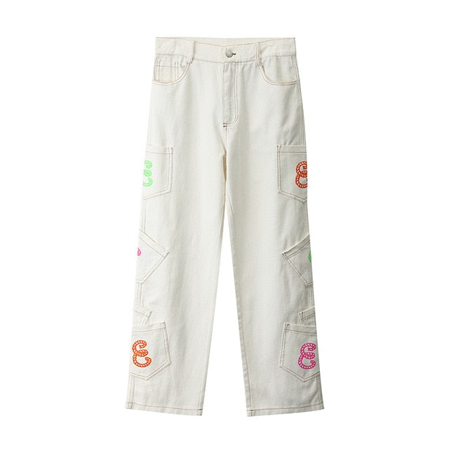 Retro Pocket Letter Print Straight Cargo Pants Men and Women Oversize Jeans Trousers Harajuku Streetwear Casual Denim Pants