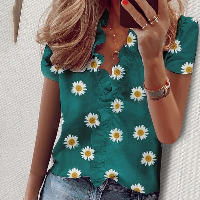 Elegant Boho Floral Print Slim Shirt Office Lady Retro Tops Women Casual Short Sleeve Sexy V-neck Ruffles Blouse Summer