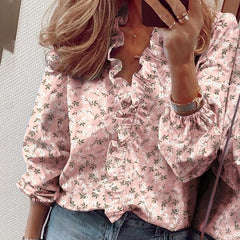 Elegant Boho Floral Print Slim Shirt Office Lady Retro Tops Women Casual Short Sleeve Sexy V-neck Ruffles Blouse Summer