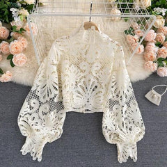 Sexy Lace Hollow Out Short Blouse Casual Lantern Long Sleeve Stand Collar Shirts Female Elegant Red/Pink/White Loose Tops