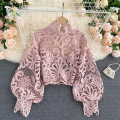 Sexy Lace Hollow Out Short Blouse Casual Lantern Long Sleeve Stand Collar Shirts Female Elegant Red/Pink/White Loose Tops