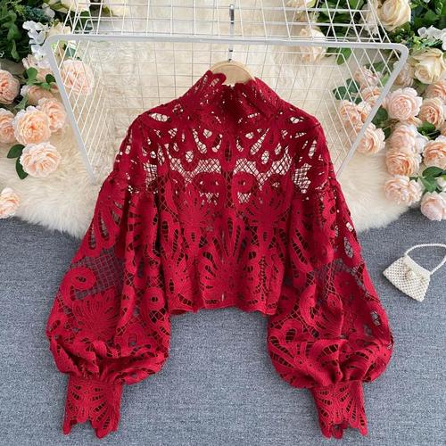 Sexy Lace Hollow Out Short Blouse Casual Lantern Long Sleeve Stand Collar Shirts Female Elegant Red/Pink/White Loose Tops